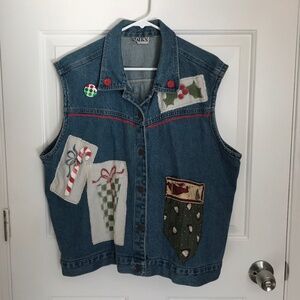 Christmas Vintage Upcycle Denim Western Boho Holiday Vest Size XL